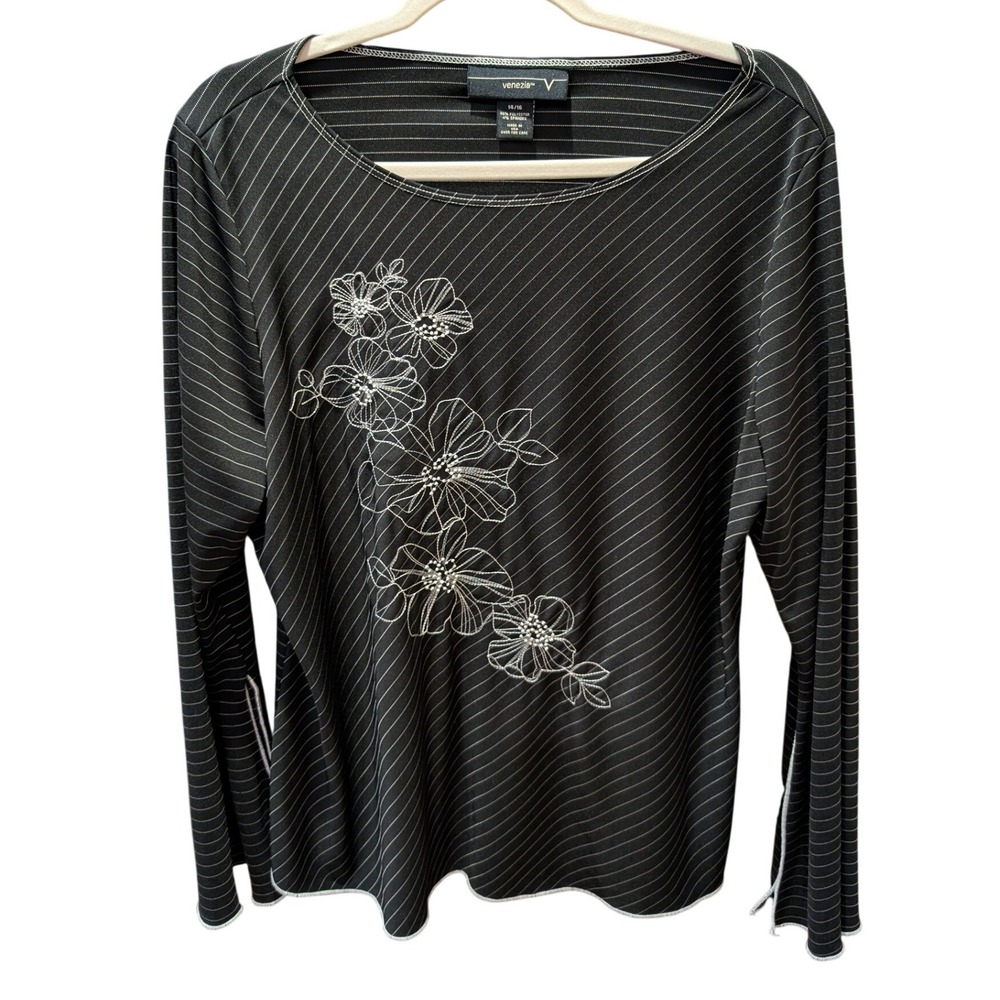 Venezia Womens Pinstripe Floral Embroidered Long Sleeve Top Black White Sz L